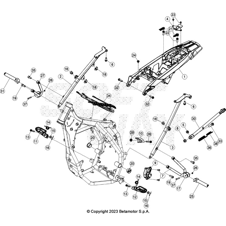 VUE ECLATEE ACCESSOIRES DU CHASSIS BETA 125 4T NOIR 2023