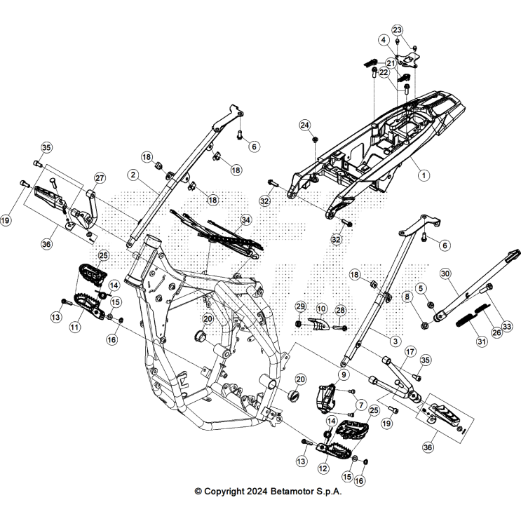 VUE ECLATEE ACCESSOIRES DU CHASSIS BETA 125 4T NOIR 2025
