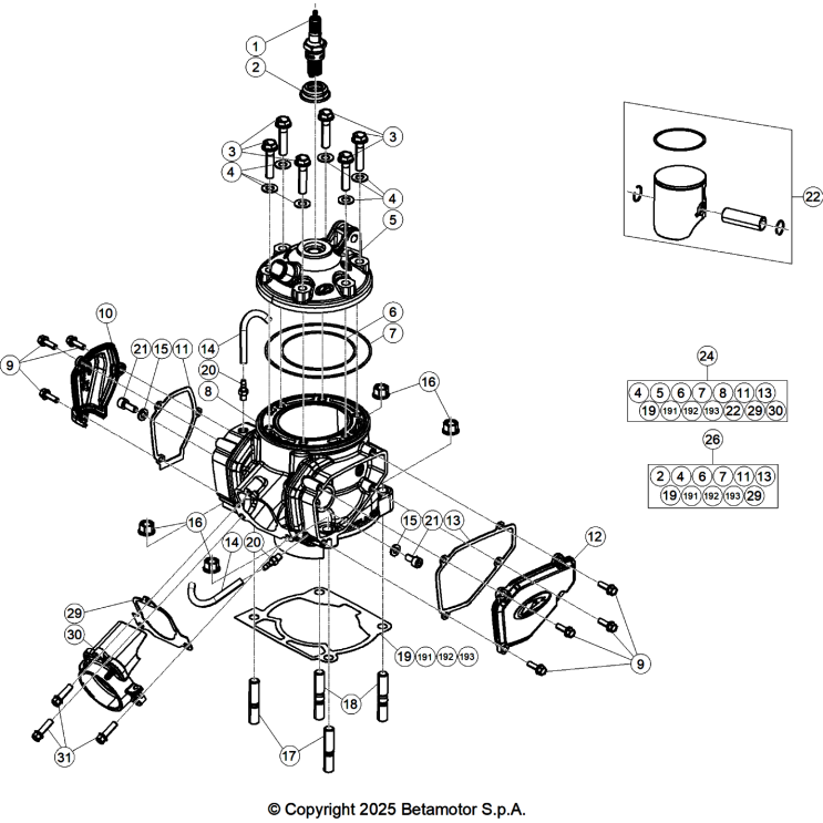 VUE ECLATEE CYLINDRE-CULASSE-DISTRIBUTION BETA 250 RX 2026